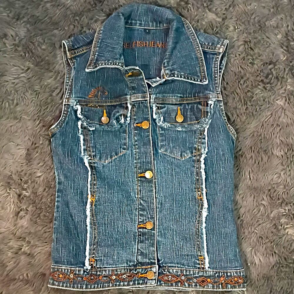Selfish Jeans Women's Blue Button Front Collared Pocket Sleeveless Vest S